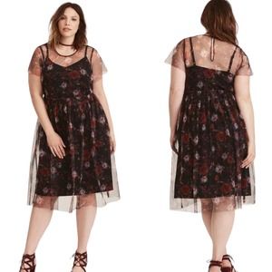 NWT Torrid Multi Color Floral Print Romantic Mesh Modest Skater Dress 14/16